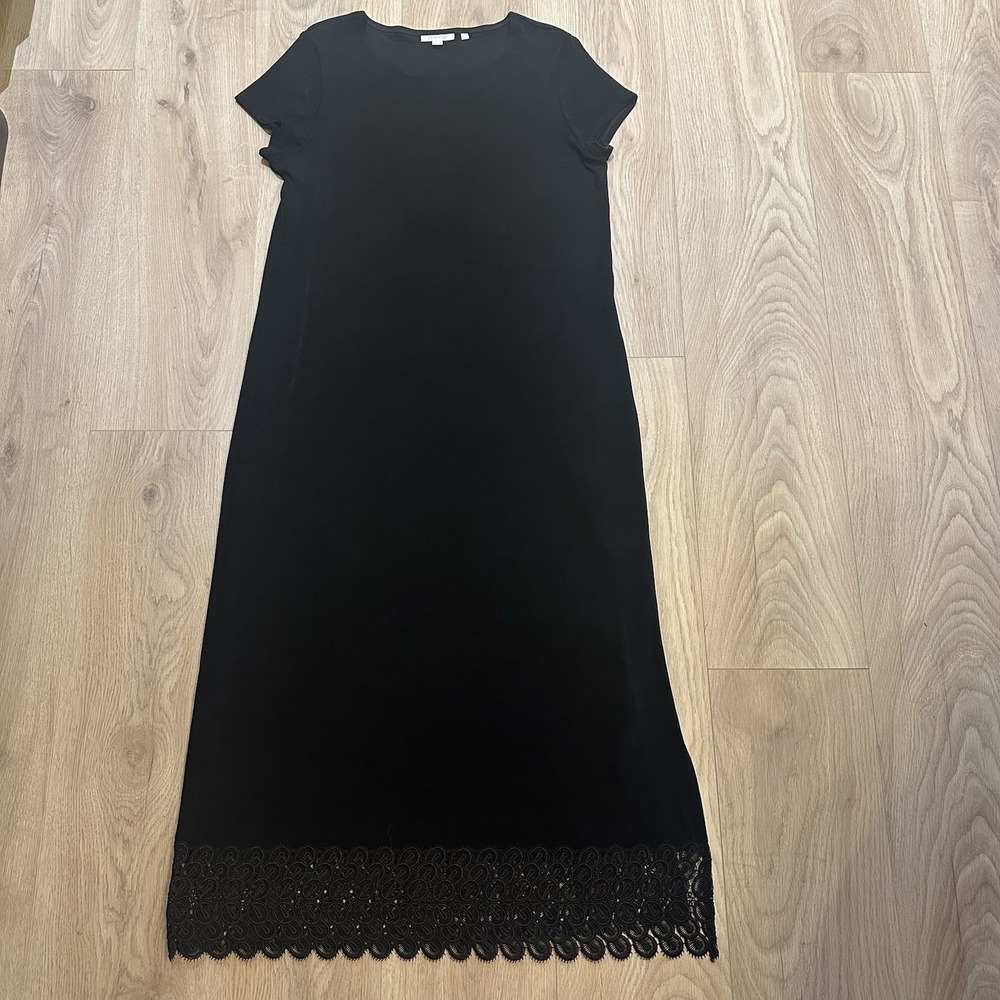 Chicos Slinky Maxi Dress Women Large 12 Black Liquid Fabric Lace Hem EUC